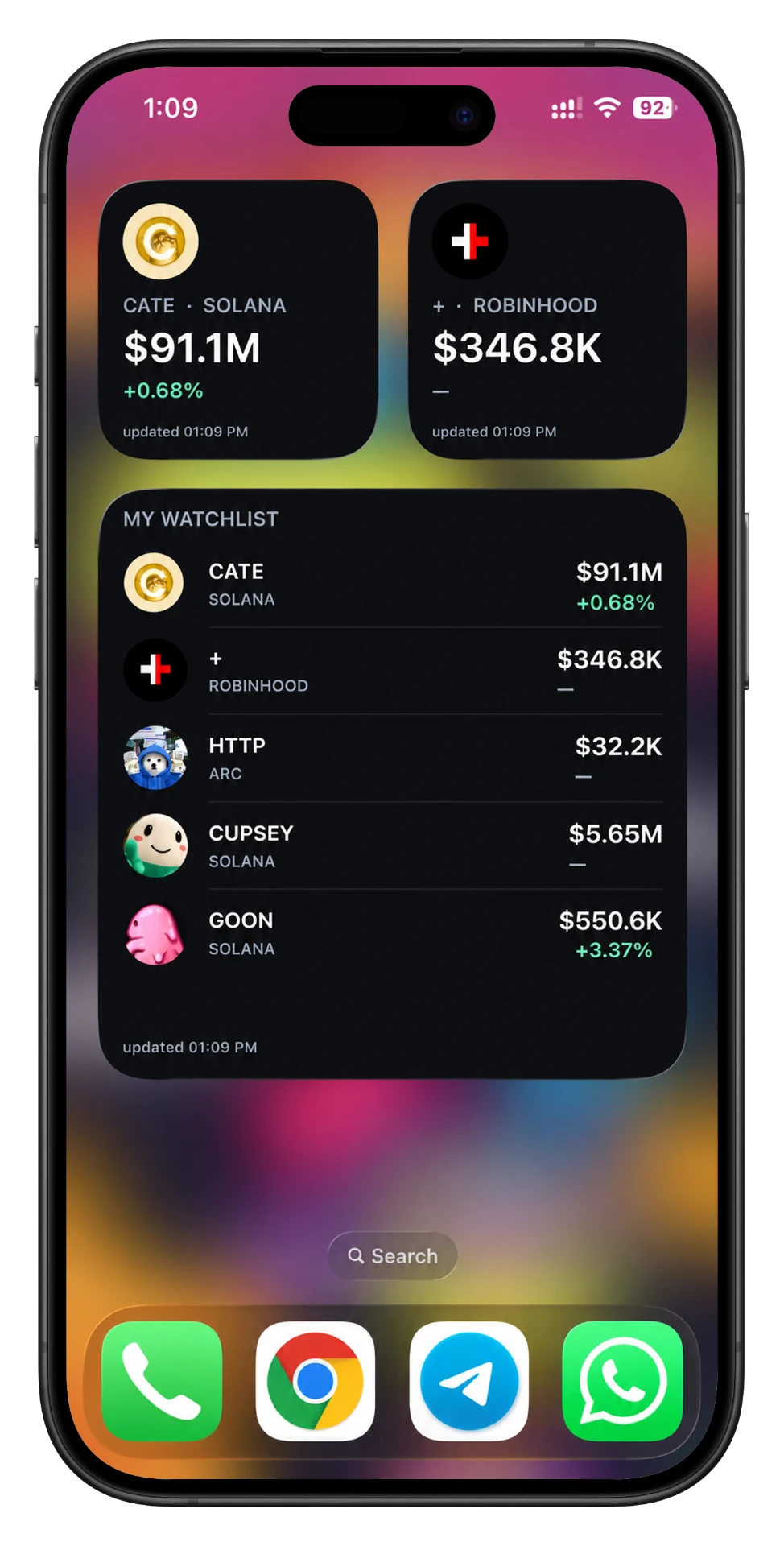 capcheck watchlist and single-coin widgets on an iPhone home screen